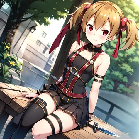 best quality, a gir sat in a bench, knife_thigh_strap