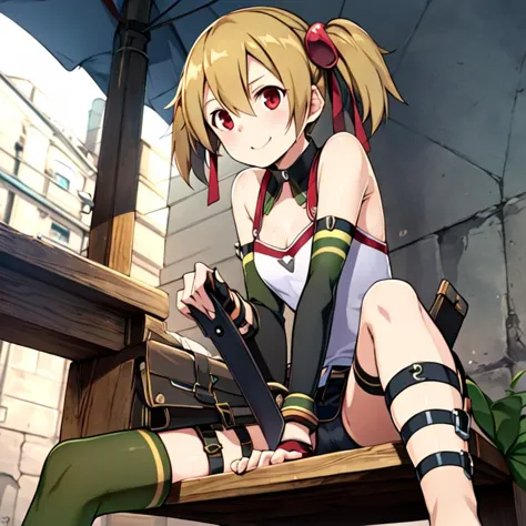 best quality, a gir sat in a bench, knife_thigh_strap