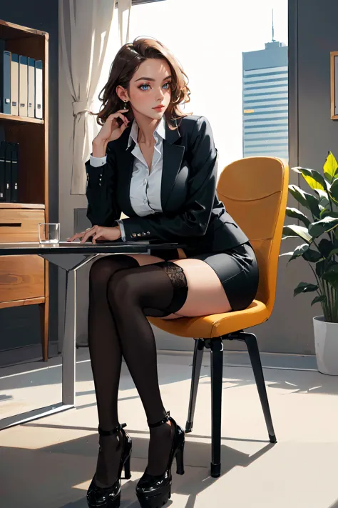 (masterpiece, best quality, ultra detailed, absurdres:1.5), 1girl, (sexy, beautiful woman, perfect face, perfect eyes, perfect female body, large breasts:1.5), (<lora:NSFWFilter:-1>, 0xf0rdsh03, shoes, black footwear, high heels, platform heels, <lora:0xf0rdsh03:0.7>, collared shirt, open jacket, skirt, thighhighs, garter straps), (full body, side view, sitting, on office chair, indoors, office tower), perfect lighting, smooth, hdr