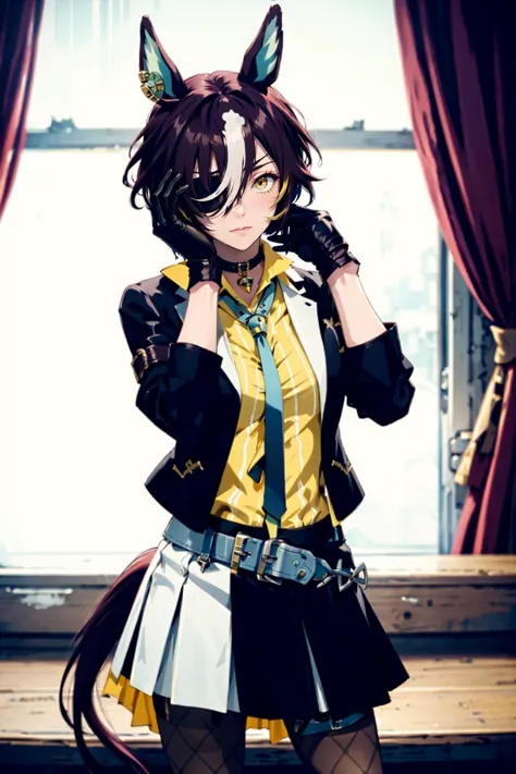 high quality:1.3 , erotic, hands on face, <lora:umamusume_taninogimlet-10:.8> tanino gimlet, hair over one eye, horse ears, eyepatch, horse tail, black jacket, yellow shirt, necktie, mismatched gloves, black gloves, white gloves, skirt, fishnet pantyhose, :3