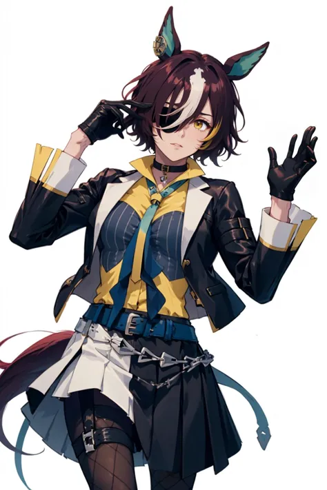 high quality:1.3 , promotional, standing on one leg, <lora:umamusume_taninogimlet-10:.8> tanino gimlet, hair over one eye, horse ears, eyepatch, horse tail, black jacket, yellow shirt, necktie, mismatched gloves, black gloves, white gloves, skirt, fishnet ...