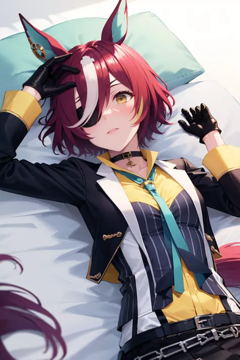 masterpiece, best quality, whole-body, lying on stomach, <lora:umamusume_taninogimlet-10:.8> tanino gimlet, hair over one eye, horse ears, eyepatch, horse tail, black jacket, yellow shirt, necktie, mismatched gloves, black gloves, white gloves, skirt, fishnet pantyhose,