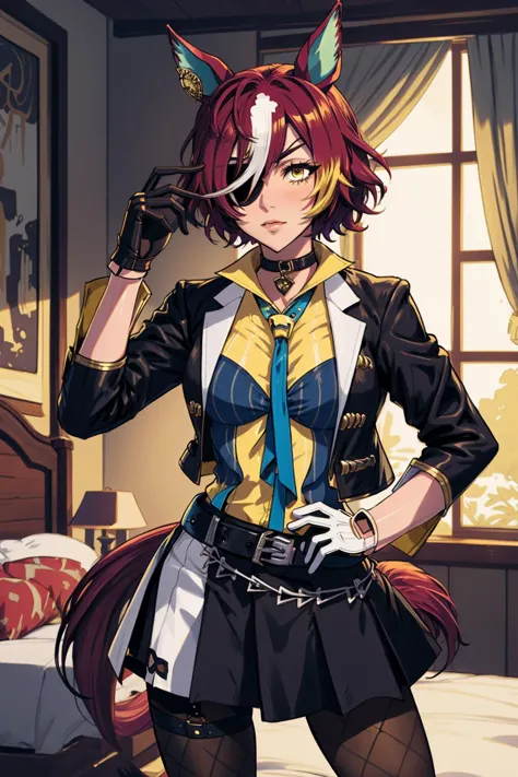 best quality, highly detailed, boudoir, <lora:umamusume_taninogimlet-10:.9> tanino gimlet, hair over one eye, horse ears, eyepatch, horse tail, black jacket, yellow shirt, necktie, mismatched gloves, black gloves, white gloves, skirt, fishnet pantyhose <lora:Ghibli_v6:0.8> scenery,