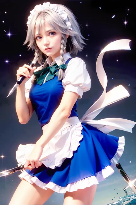 masterpiece, best quality, 1girl, izayoi sakuya, solo, knife, blue eyes, maid headdress, braid, grey hair, maid, twin braids, short hair, wrist cuffs, bow, hair bow, holding, short sleeves,  weapon, ribbon, apron,holding knife