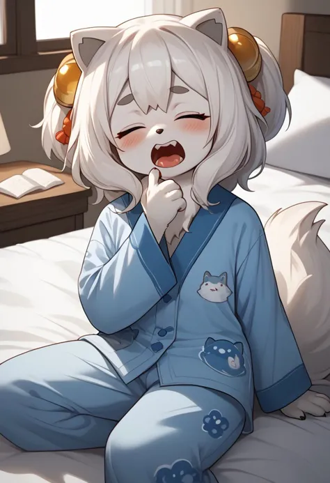 score_9, score_8_up, score_7_up, (absurdres), (highest_quality), (masterpiece), fini_(world_flipper), furry, kemono, anthro, 1girl, solo, female, white hair, white fur, yawning, rubbing eyes, closed eyes, young, open mouth, small breasts, alternate outfit, jyojifuku, pajamas