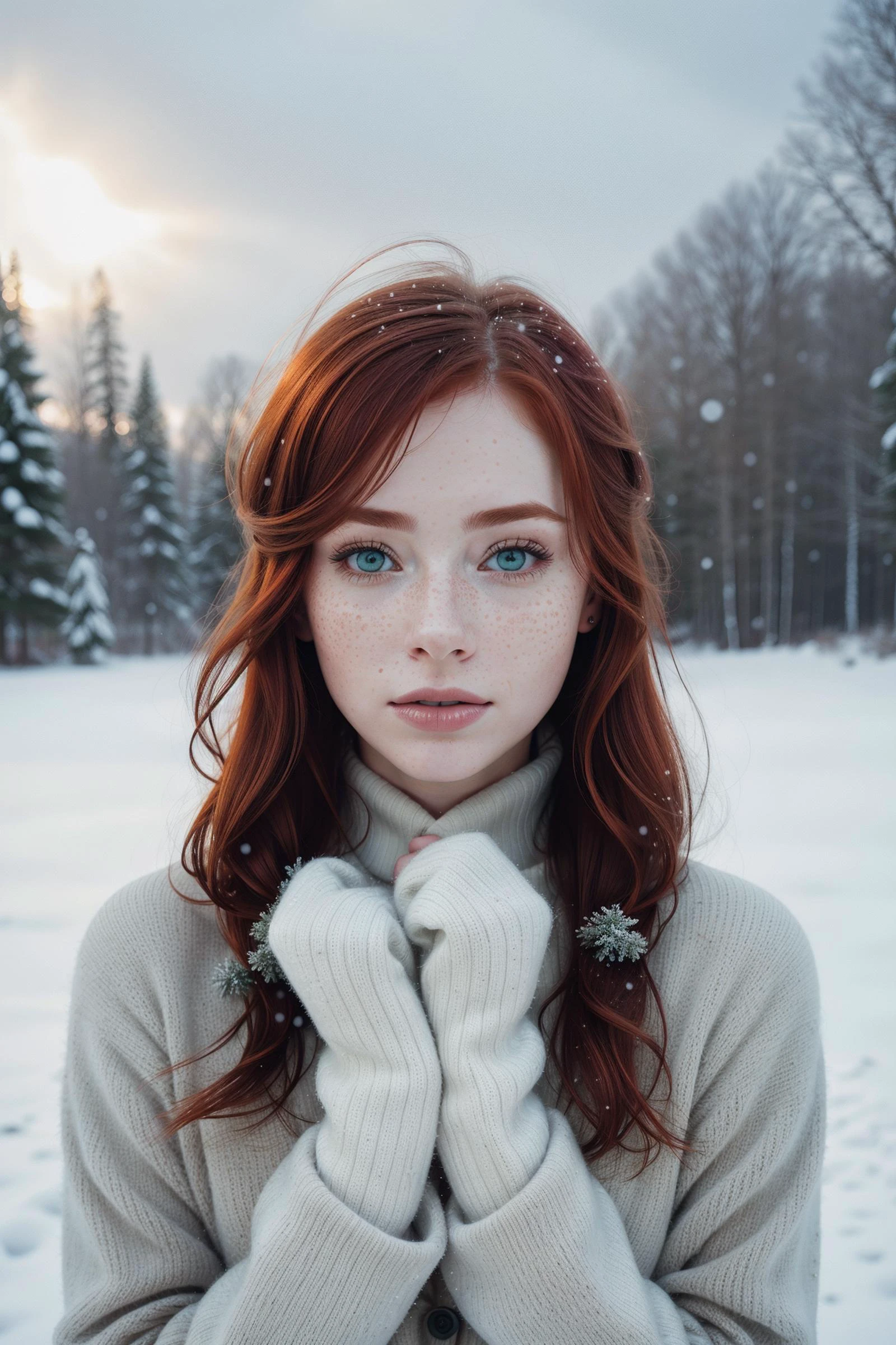 candid,  1woman,sad redhead,light freckles,snow on hair,  dreamy haze,light clothes,gloves, winter wonderland, snow storm, god rays,nature,  instant photo,realistic ,pastel, soft light,  dark skies,Lomochrome color film, perfect face, perfect symetrical detailed green eyes, beauty marks,