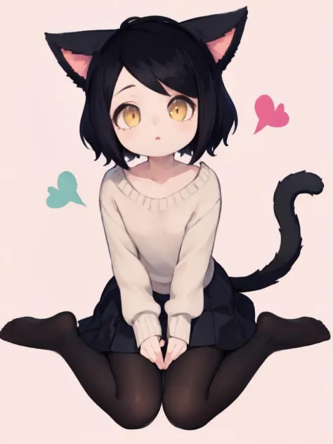 (illustration), (masterpiece:1.2), (best quality:1.2), 1girl, solo, looking at viewer, BREAK
 <lora:valbun:0.8> valbun, <lora:Qitten:0.8> qitten, animal ears, cat ears, (miqo'te), [face marking] black hair, short hair, yellow eyes, slit pupils, flat chest, little girl, child, cat eyes, tail, BREAK
sweater, long skirt, pantyhose, looking at viewer, no shoes, BREAK