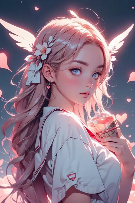 a girl with long hair and angel wings holding a cupcake