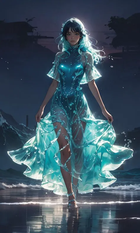 a woman in a blue dress walking on a beach at night