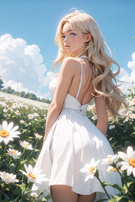 1girl,in a field of flowers,white flower,looking at viewer,blue eyes,blonde hair,daisy,long hair,pure white dress,