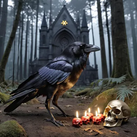 there is a crow standing next to a skull in the woods