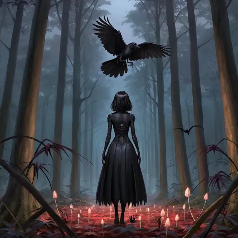 a woman in a black dress standing in a forest with a bird flying over her head