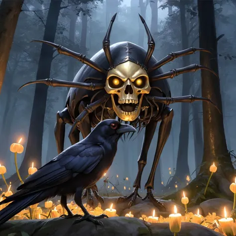 there is a large spider with a skull on it and a crow