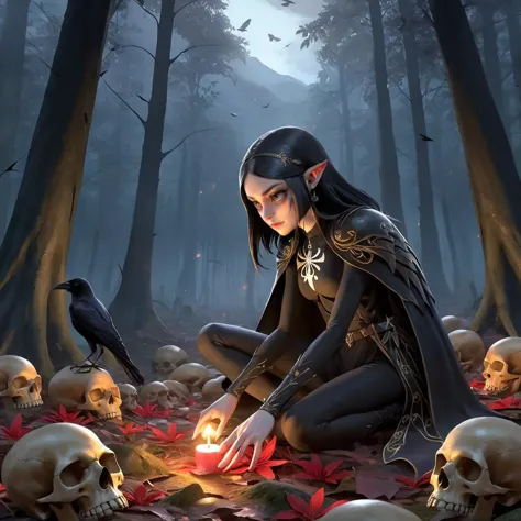 a woman kneeling in the woods with skulls and a candle