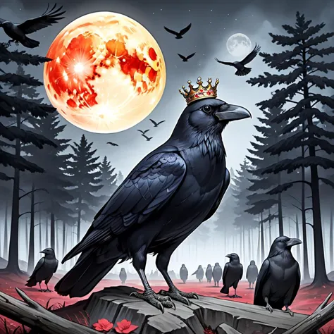 crows in a forest with a full moon and a crown on their head