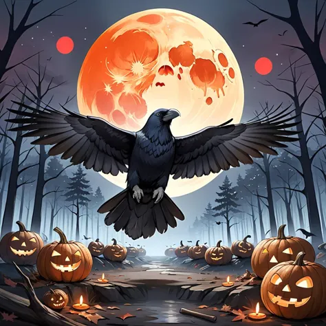 there is a crow flying over a field of pumpkins