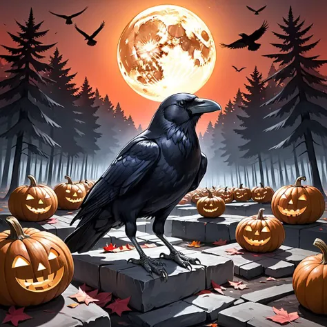 there is a crow sitting on a grave with pumpkins in the background