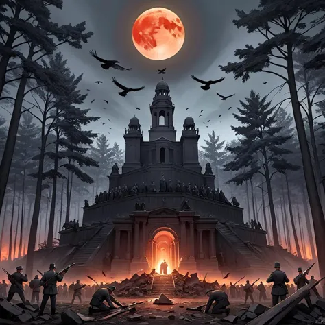 a painting of a castle surrounded by trees with a full moon