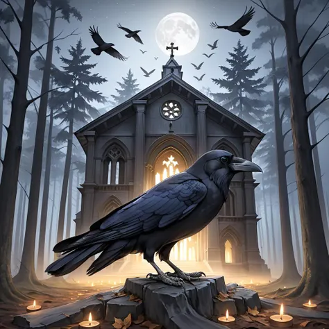 there is a black bird sitting on a stump in front of a church