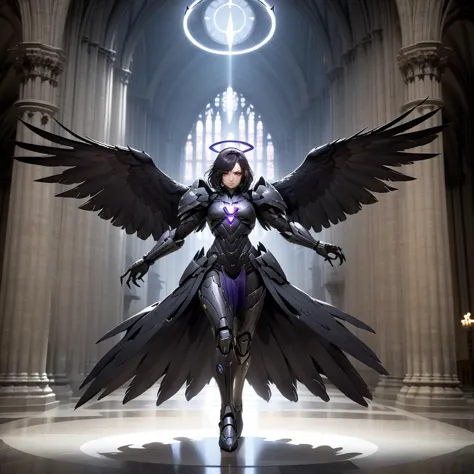 a woman in a black dress with wings standing in a church