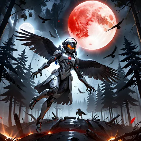 a picture of a man with wings flying over a forest