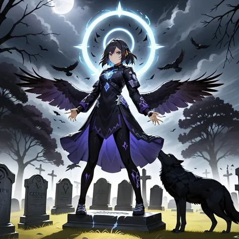 anime girl with wings standing in a cemetery with a dog