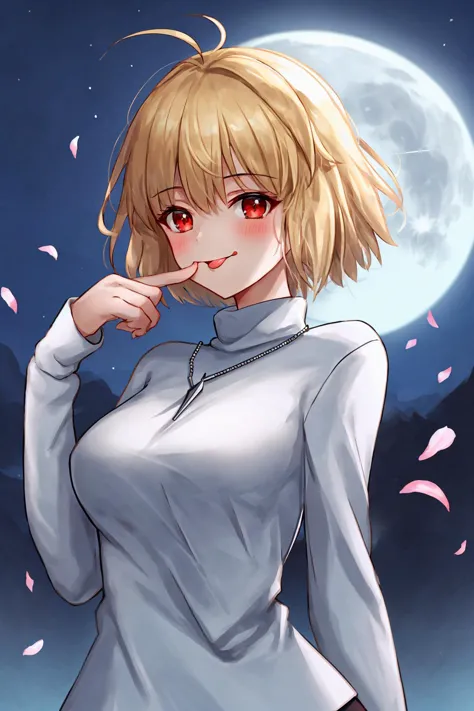 arcueid \(tsukihime\), 1girl, blush, breasts, chain necklace \(arcueid\), large breasts, white long sleeves turtleneck sweater, looking at viewer, smile, tongue, tongue out, upper body, finger to mouth, licking, :p, slit pupils, licking finger, full moon, night, night sky, outdoors, smile, solo, thighs, parted lips, petals, standing, moonlight, <lora:arcueid_meta_lycoris:0.9> <lora:add_detail:0.3>, <lora:C_gongbi:0.2>