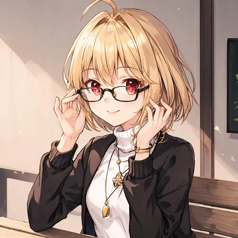 anime girl with glasses sitting on a bench in a cafe