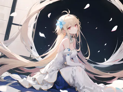 masterpiece,best quality,1girl,archetype earth \(hime\),dress,strapless dress,bare shoulders,sitting,arms_crossed,from side,looking up,detached sleeves,petals,long dress:1.5,white dress,blue dress,antenna hair,detached collar,ribbon,night,blonde hair,red eyes,glowing eyes,sad,light smile,hair ornament,hair flower,white gloves,multicolored clothes,wedding_dress,<lora:arcueid_meta_lycoris:0.8>,