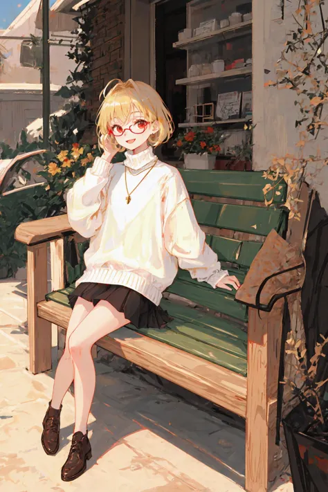 anime girl sitting on a bench in front of a building