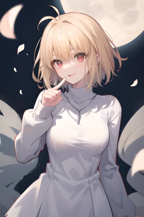 arcueid \(tsukihime\),1girl,blush,breasts,chain necklace \(arcueid\),large breasts,white long sleeves turtleneck sweater,looking at viewer,smile,tongue,tongue out,upper body,finger to mouth,licking,:p,slit pupils,licking finger,full moon,night,night sky,outdoors,smile,solo,thighs,parted lips,petals,standing,moonlight,<lora:arcueid_meta_lycoris:0.9>,