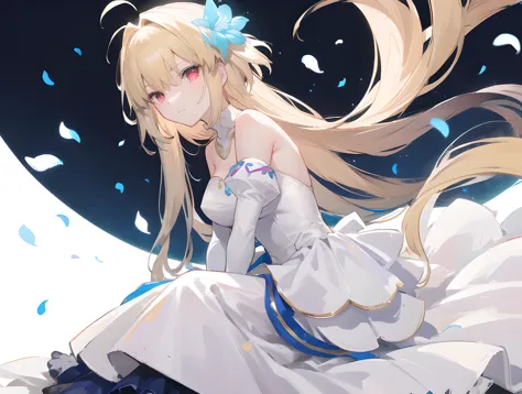 masterpiece,best quality,1girl,archetype earth \(hime\),dress,strapless dress,bare shoulders,sitting,arms_crossed,from side,looking up,detached sleeves,petals,long dress:1.5,white dress,blue dress,antenna hair,detached collar,ribbon,night,blonde hair,red eyes,glowing eyes,sad,light smile,hair ornament,hair flower,white gloves,multicolored clothes,simple background,wedding_dress,<lora:arcueid_meta_lycoris:0.8>,