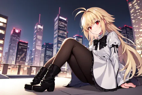 anime girl sitting on the ground in front of a city skyline