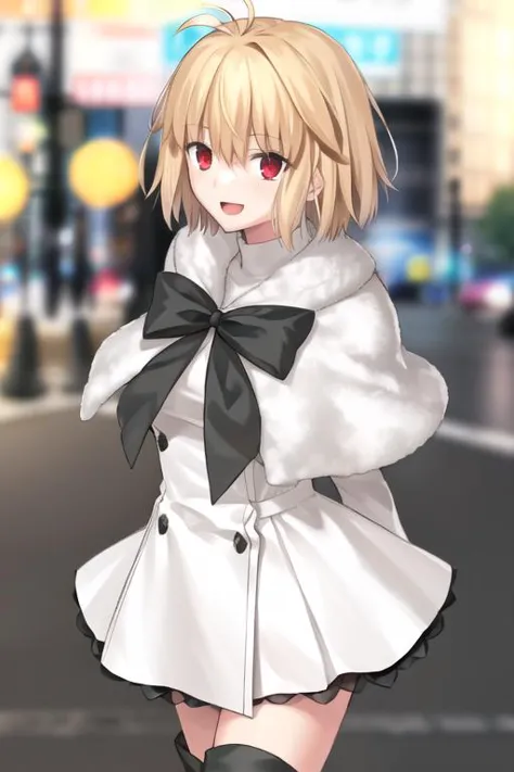 anime girl in white coat and black bow tie walking down the street