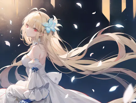 masterpiece,best quality,1girl,archetype earth \(hime\),dress,strapless dress,bare shoulders,sitting,arms_crossed,from side,looking up,detached sleeves,petals,long dress:1.5,white dress,blue dress,antenna hair,detached collar,ribbon,night,blonde hair,red eyes,glowing eyes,sad,light smile,hair ornament,hair flower,white gloves,wedding_dress,<lora:arcueid_meta_lycoris:0.8>,