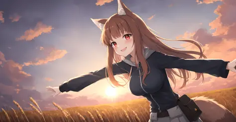 masterpiece, best quality, (vibrant colors, hdr,)
((holo)), LARGE BREASTS, spice and wolf,  1girl, animal ears wolf ears, wolf g...