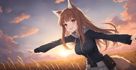 masterpiece, best quality, (vibrant colors, hdr,)
((holo)), LARGE BREASTS, spice and wolf,  1girl, animal ears wolf ears, wolf girl, wolf tail, long hair, brown hair, smile, red eyes, slit pupils, pouch, sky, scenic clouds, dust cloud, , sun in the middle of image, sun rays, outstretched arms, spread arms, extremely detailed wheat, farm , sunset with hyperreallistic detailed 3d volumetric clouds with  clear sky, graphite \(medium\), sketch, smoke in background <lora:holoSpiceAndWolf_v3:1