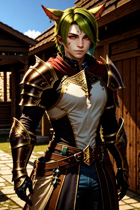 HotBoys,solo, looking at viewer, short hair, red eyes, 1boy, animal ears, jewelry, standing, male focus, multicolored hair, cowboy shot, earrings, green hair, cat ears, armor, hair over one eye, blurry, two-tone hair, blurry background, facial mark, shoulder armor, gauntlets, pauldrons, breastplate, vambraces, miqo'te, cat boy, neck tattoo, avatar (ff14) <lora:Hot_Boys:0.4>