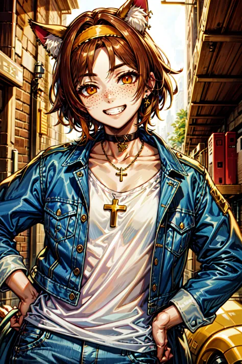 HotBoys,  (masterpiece, best quality, ultra-detailed, highres, best illustration),1boy, male focus, animal ears, freckles, smile, solo, orange eyes, jacket, jewelry, looking at viewer, choker, necklace, shirt, white shirt, grin, headband, upper body, short hair, brown hair, hand on hip, teeth, collarbone, animal ear fluff, denim jacket, cat ears, black choker, open clothes, cross<lora:Hot_Boys:0.45>