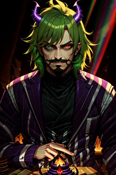 HotBoys, Beetlejuice,official art,, 1boy, male focus, solo, (masculine, facial hair , mustache, stubble, beard), (poltergeist, fantasy scene, demon),holographic eyes, heterochromia, purple eyes, striped jacket,striped shirt, two tone hair, streaked hair, multicolored hair, red hair, green hair, wild hair, evil scene,teeth, side lighting, ray tracing, depth of field, solo, rich in detail,(detailed eyes), (handsome) detailed, (dirt splotches), (horror theme), (beetlejuice), detailed eyes,(straight-on), beetlejuice, <lora:Hot_Boys:0.4>