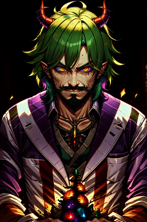 HotBoys, Beetlejuice,official art,, 1boy, male focus, solo, (masculine, facial hair , mustache, stubble, beard), (poltergeist, fantasy scene, demon),holographic eyes, heterochromia, purple eyes, striped jacket,striped shirt, two tone hair, streaked hair, multicolored hair, red hair, green hair, wild hair, evil scene,teeth, side lighting, ray tracing, depth of field, solo, rich in detail,(detailed eyes), (handsome) detailed, (dirt splotches), (horror theme), (beetlejuice), detailed eyes,(straight-on), beetlejuice, <lora:Hot_Boys:0.4>