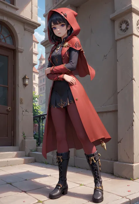 a woman in a red cloak and boots standing on a sidewalk