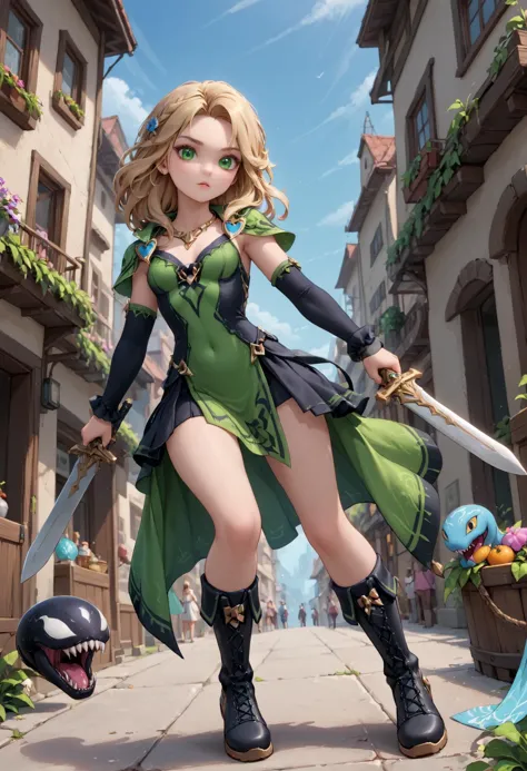 (score_9, score_8_up:1.1), score_7_ up, highly detailed, , zPDXL, ((1 girl,)) slender, petite , Elven girl, slender figure, long golden hair, delicate features, graceful movements, youthful, green eyes ,((she wear Poison green assassin's garb, cowl, arm warmers, stealth boots, dual short swords, cobra venom ring.)),  dynamic pose, detialed background 
, masterpeice, detailed, intricated details, 8k, ultraclear <lora:detailed_notrigger:1>, wide angle, detailed scene, detailed faces, perfect quality, tranding on artstation, incredible details , Painstaking Attention To Details ,  <lora:OMG-Is-DucHaiten_v1.0:1> ziprealism