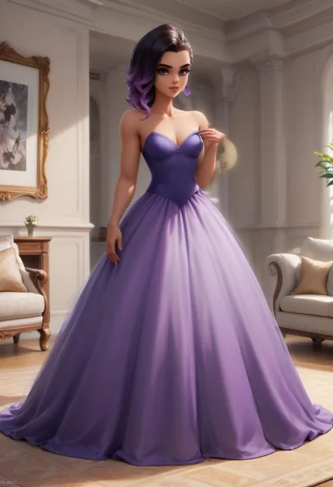 Photography of 1girl, (Sombra (From Overwatch), owsombra:1.5), posing for a fashion magazine, gown, ball dress, luxurious living...