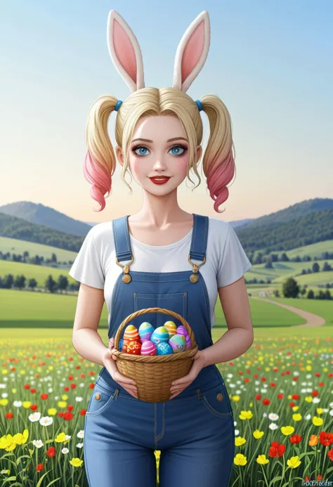 modisn Disney, Harley Quinn as girl, pigtails hair, wearing overalls, holding an Easter basket and a large bunny by it's ears a ...