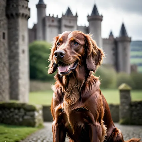 irish setter,highres,smile,castle,portrait,blurry background,