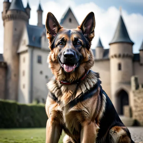 german shepherd,highres,smile,castle,portrait,blurry background,