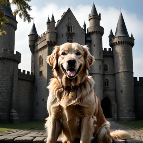 golden retriever,highres,smile,castle,portrait,incredibly absurdres,