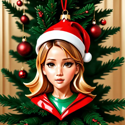 basety style, abbe bi style, sassy style, midjourney style, cute face, miko,
(jennifer lawrence:1.1) closeup, reindeer horns, red sweater, modest,
 holiday, hanging on Christmas tree, 
[cartoon, vector art, anime :realistic, real life, hyper realistic:0.05], 
beautiful young woman, , large breasts, fit, average,
christmas_ornament,
, masterpiece, detailed  <lora:Christmas_Ornament_Face_Style_SDXL:1>