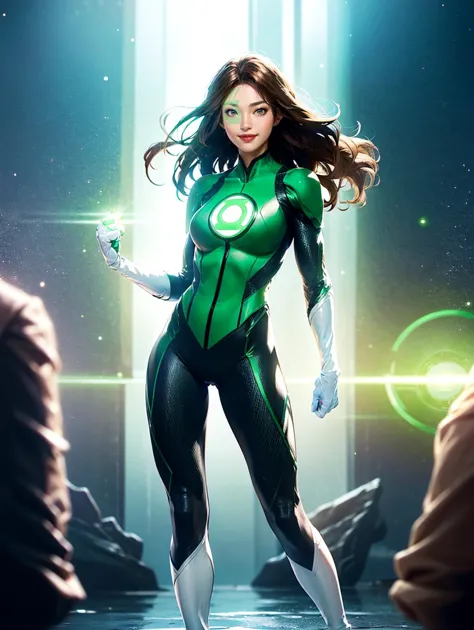 masterpiece, best quality, 8k uhd, dslr, soft lighting, high quality, smile, upper body,  jessicacruz dc, 1girl, bodysuit, green lantern, white gloves, brown hair, bodysuit, green lantern symbol, facepaint, full body, glowing, hand on hip